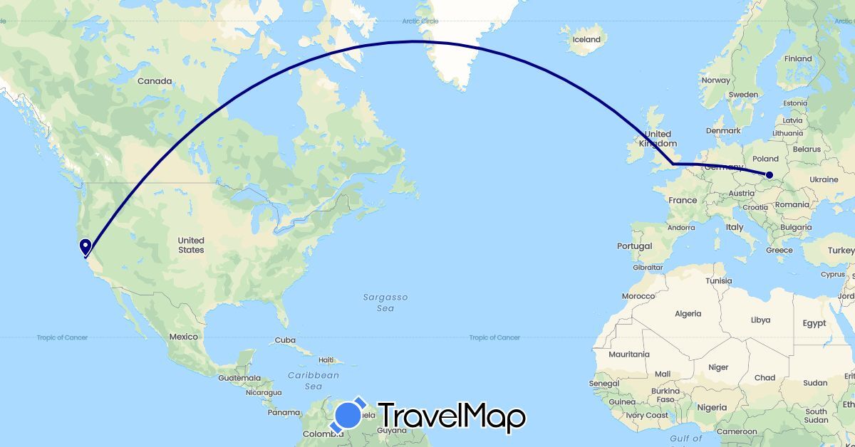 TravelMap itinerary: driving in United Kingdom, Poland, United States (Europe, North America)